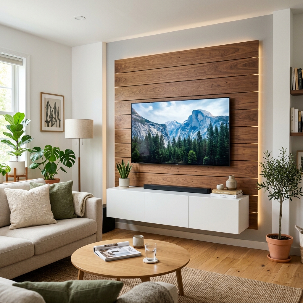 15 Living Room TV Wall Ideas That Will Instantly Upgrade Your Space (Like… Why Didn’t You Do This Sooner?) 10 Floating Wood Panel Backdrop