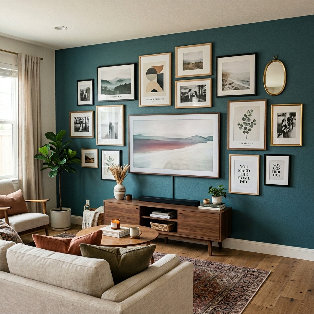 15 Living Room TV Wall Ideas That Will Instantly Upgrade Your Space (Like… Why Didn’t You Do This Sooner?) 3 Gallery Wall Around the TV