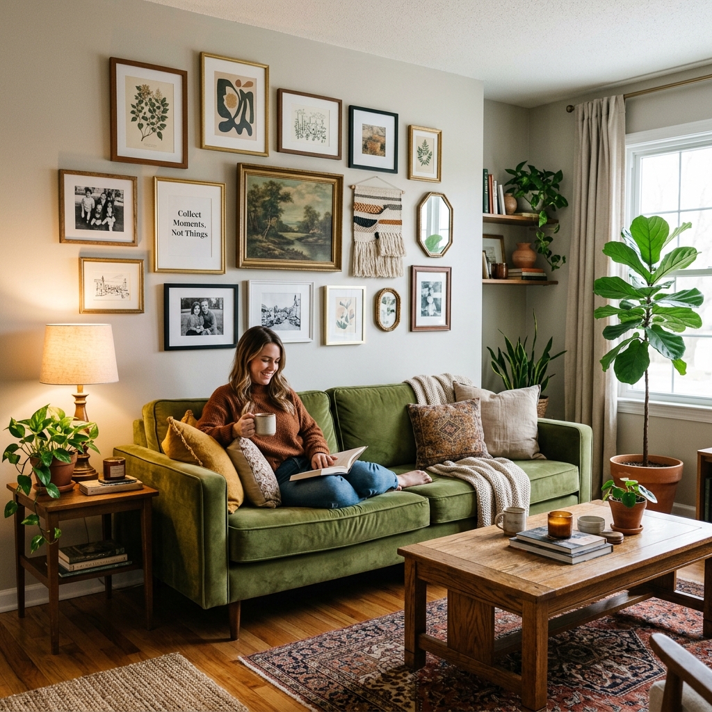 14 Green Couch Living Room Ideas That’ll Instantly Make Your Space Look Designer-Level Chic 10 Gallery Wall for a Personal Touch