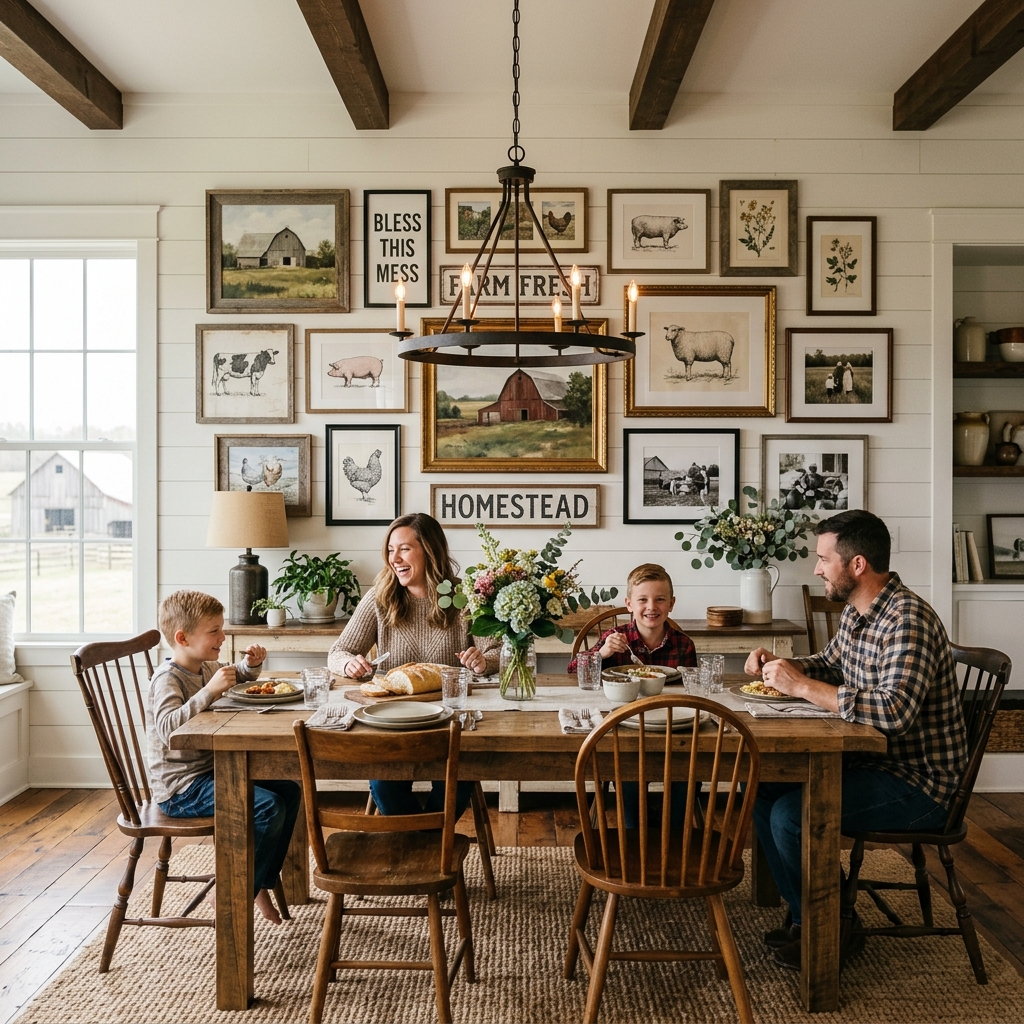 14 Farmhouse Dining Room Ideas That Feel Straight Out of a Pinterest Dream (But Way More Livable) 13 Gallery Wall with Farmhouse Art