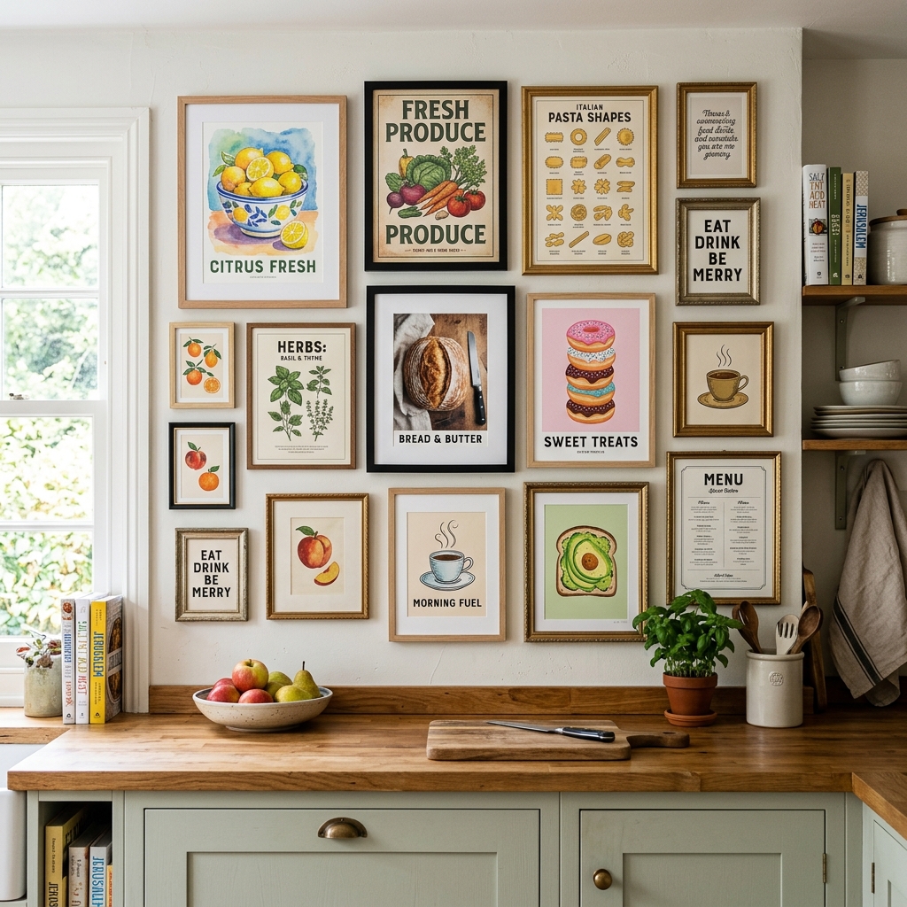 15 Kitchen Wall Decor Ideas That Instantly Make Your Space Look Pinterest-Perfect (Without Trying Too Hard) 3 Gallery Wall with Food Themed Art