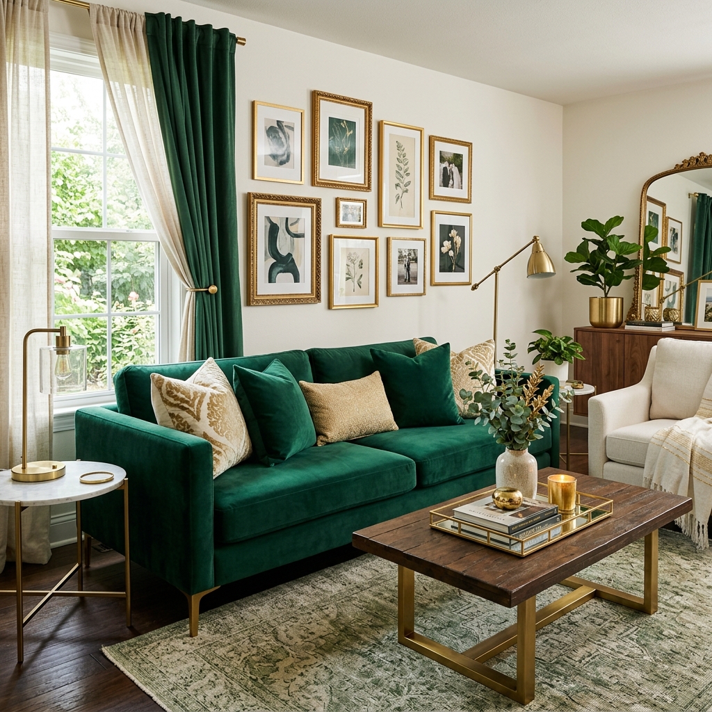 14 Green Couch Living Room Ideas That’ll Instantly Make Your Space Look Designer-Level Chic 3 Gold Accents for That