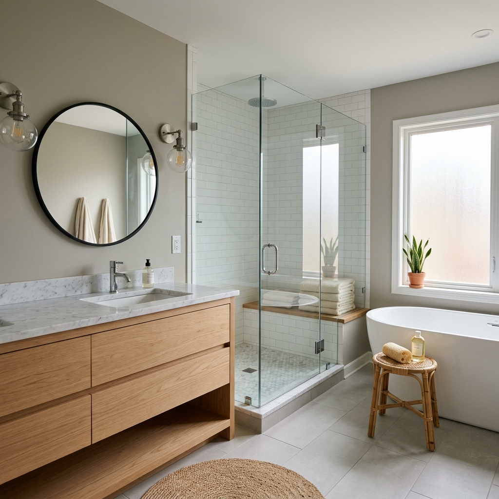 15 Neutral Bathroom Ideas That Feel Like a Spa (But Totally Livable) 5 Greige Walls
