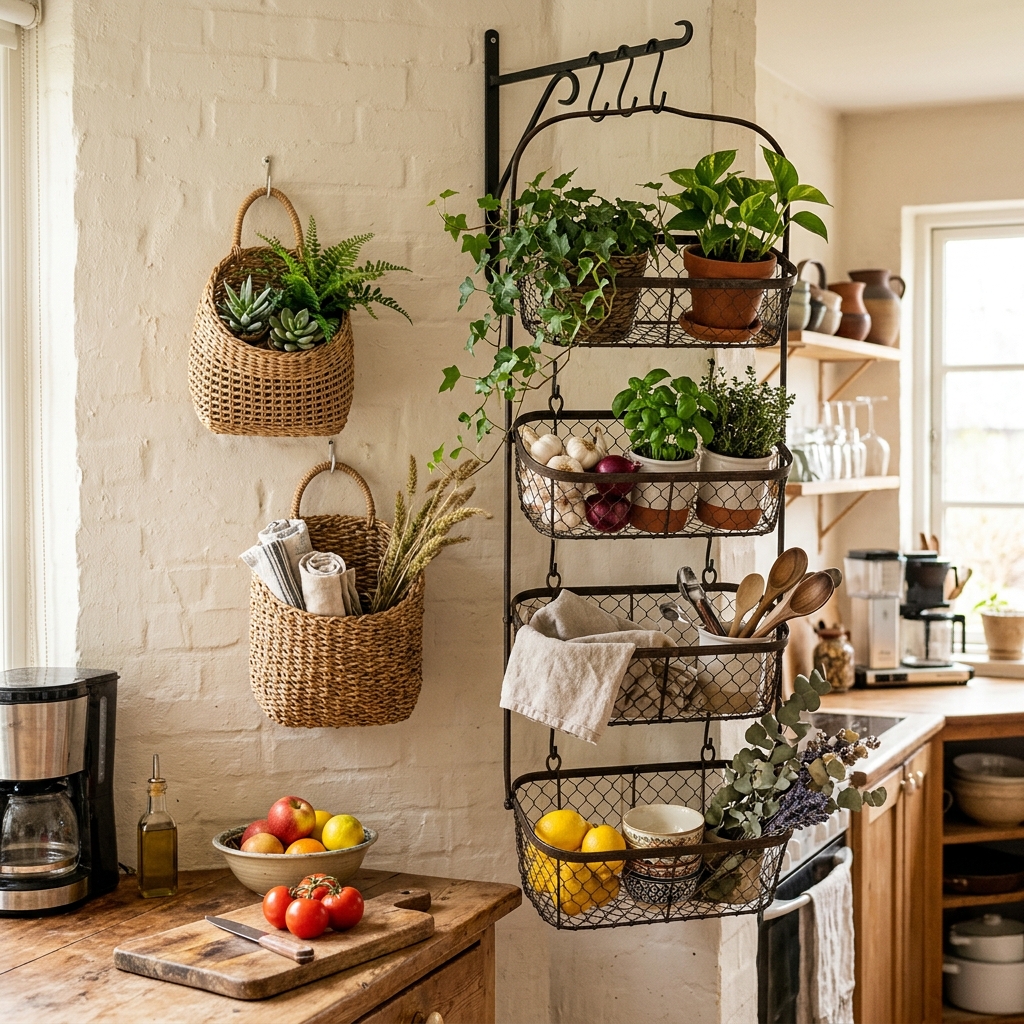 15 Kitchen Wall Decor Ideas That Instantly Make Your Space Look Pinterest-Perfect (Without Trying Too Hard) 12 Hanging Baskets