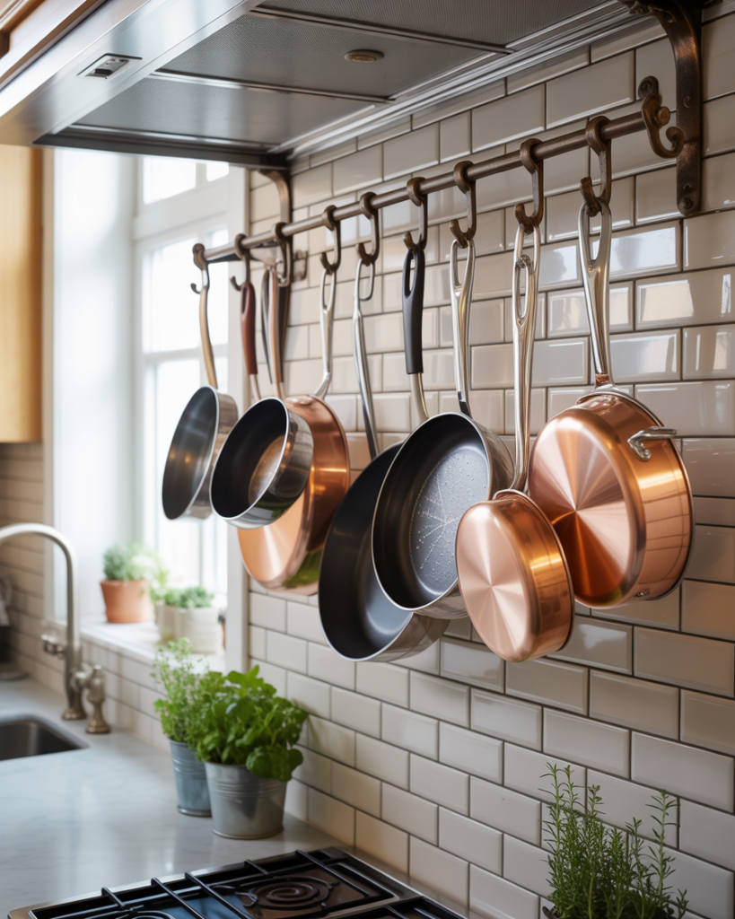 15 Kitchen Wall Decor Ideas That Instantly Make Your Space Look Pinterest-Perfect (Without Trying Too Hard) 5 Hanging Pots Pans Display