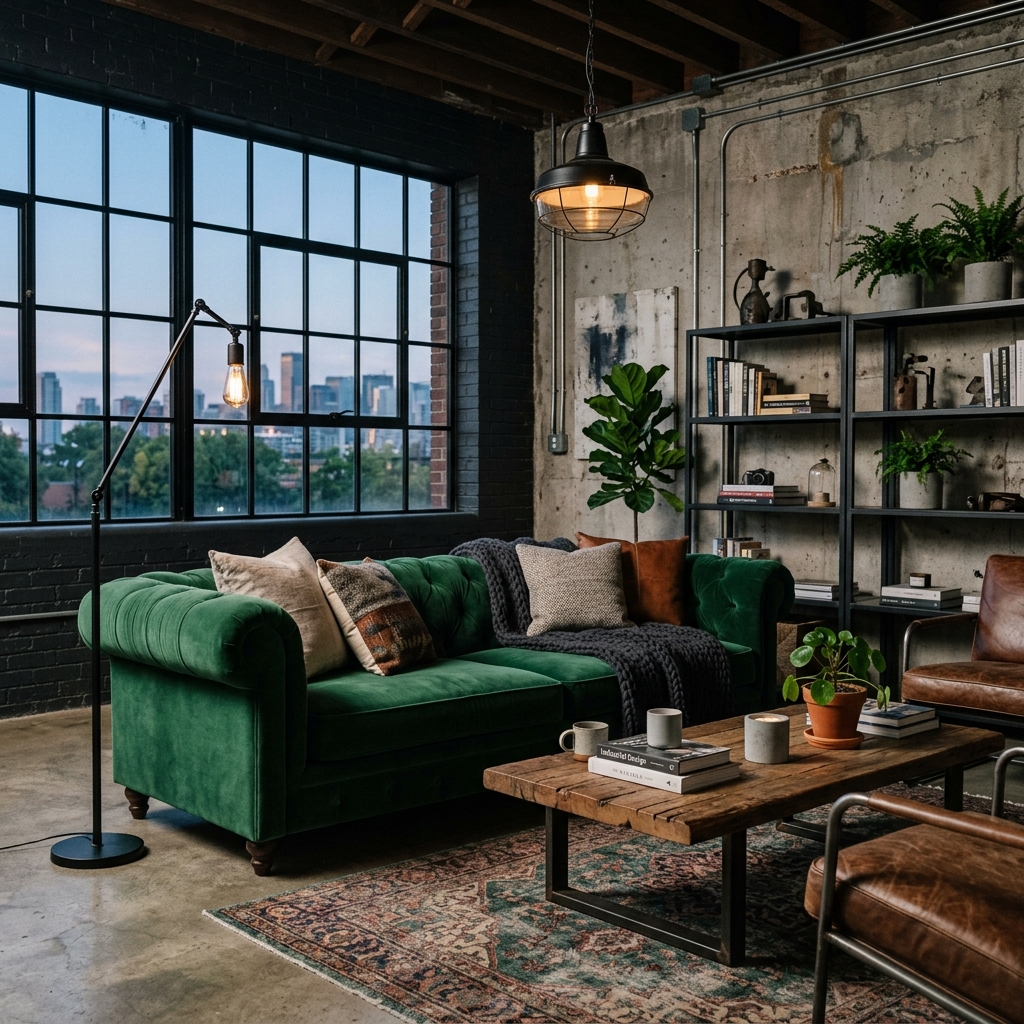 14 Green Couch Living Room Ideas That’ll Instantly Make Your Space Look Designer-Level Chic 11 Industrial Edge with Metal Concrete
