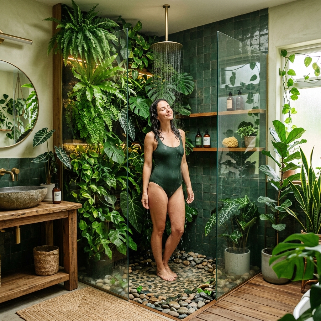 14 Green Bathroom Ideas That Will Instantly Upgrade Your Space (And Yes, You’ll Want Them All) 13 Jungle Inspired Shower Area