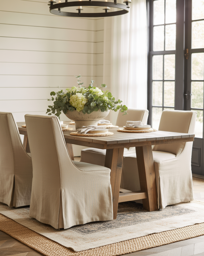 14 Modern Farmhouse Dining Room Ideas That Feel Straight Out of a Pinterest Dream (But Totally Livable) 9 Layered Rugs