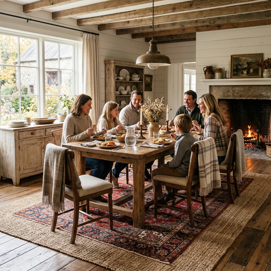 14 Farmhouse Dining Room Ideas That Feel Straight Out of a Pinterest Dream (But Way More Livable) 10 Layered Rugs for Extra Warmth