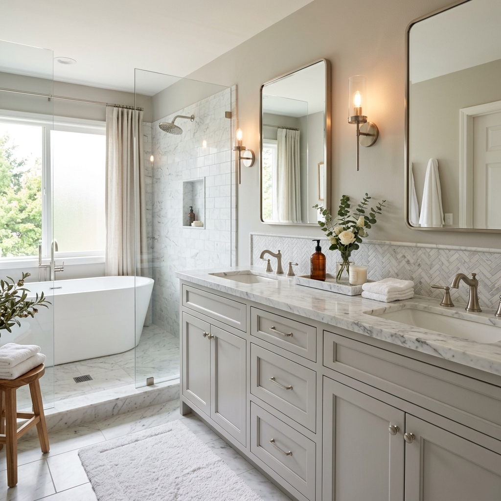 15 Neutral Bathroom Ideas That Feel Like a Spa (But Totally Livable) 8 Light Gray Marble Combo