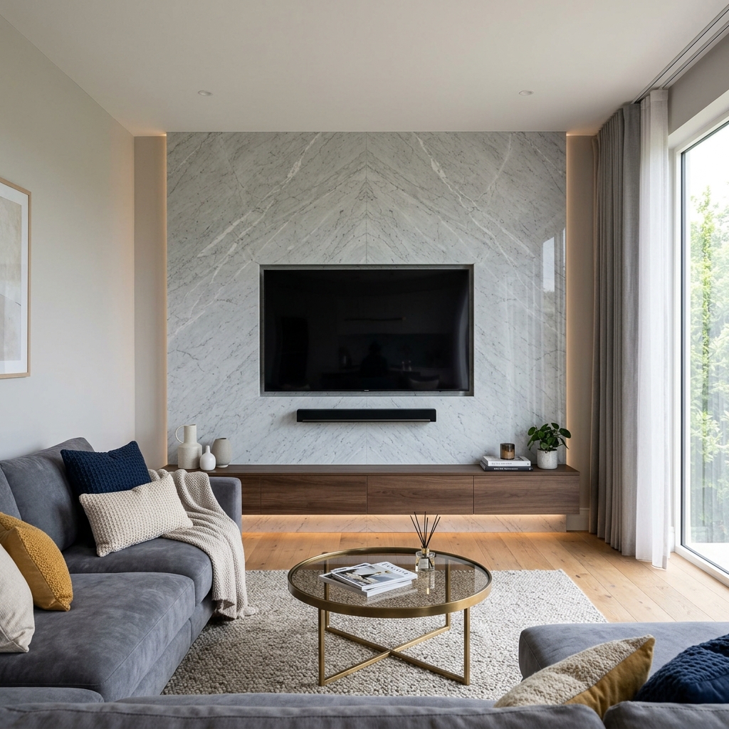 15 Living Room TV Wall Ideas That Will Instantly Upgrade Your Space (Like… Why Didn’t You Do This Sooner?) 14 Marble Finish TV Wall