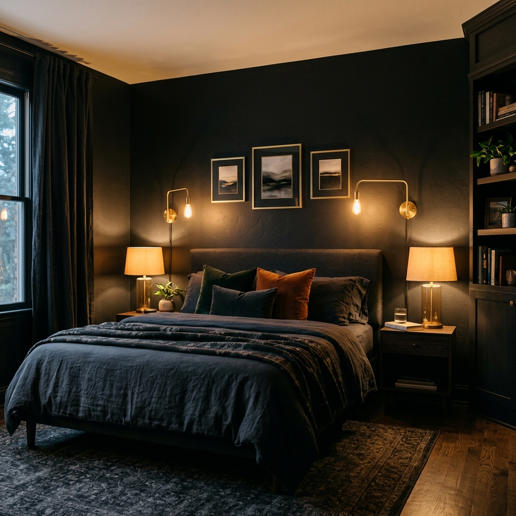 14 Dark Bedroom Ideas That Feel Moody, Luxe, and Seriously Addictive 2 Matte Black Walls Warm Lighting