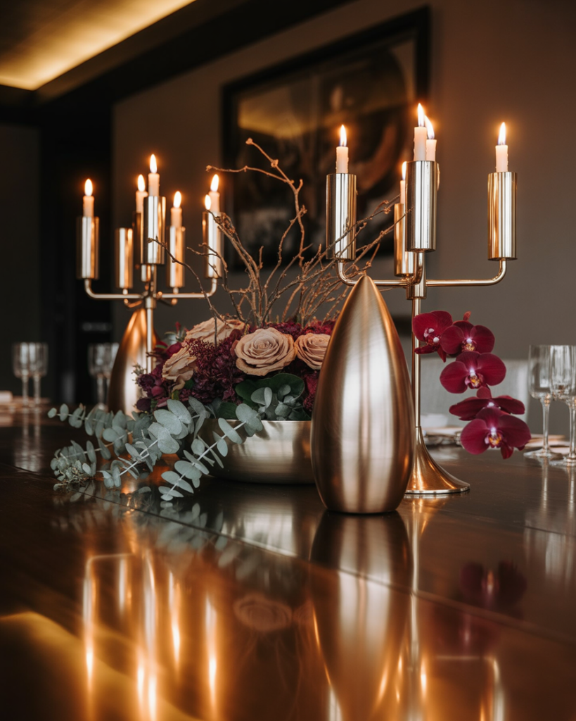 15 Dining Room Table Centerpiece Ideas That Will Instantly Make Your Space Look Expensive (Without Actually Being Expensive) 12 Metallic Accents for Drama