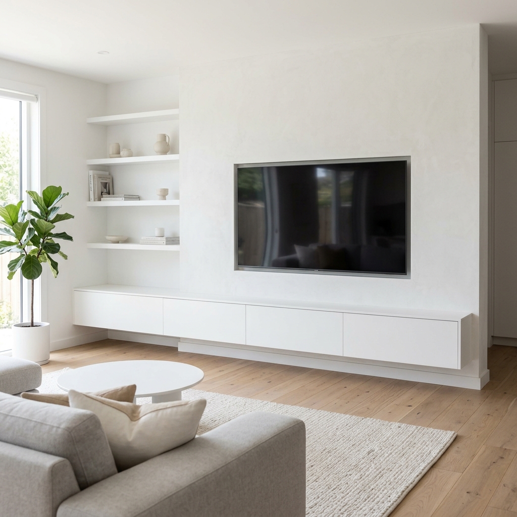 15 Living Room TV Wall Ideas That Will Instantly Upgrade Your Space (Like… Why Didn’t You Do This Sooner?) 6 Minimalist All White TV Wall