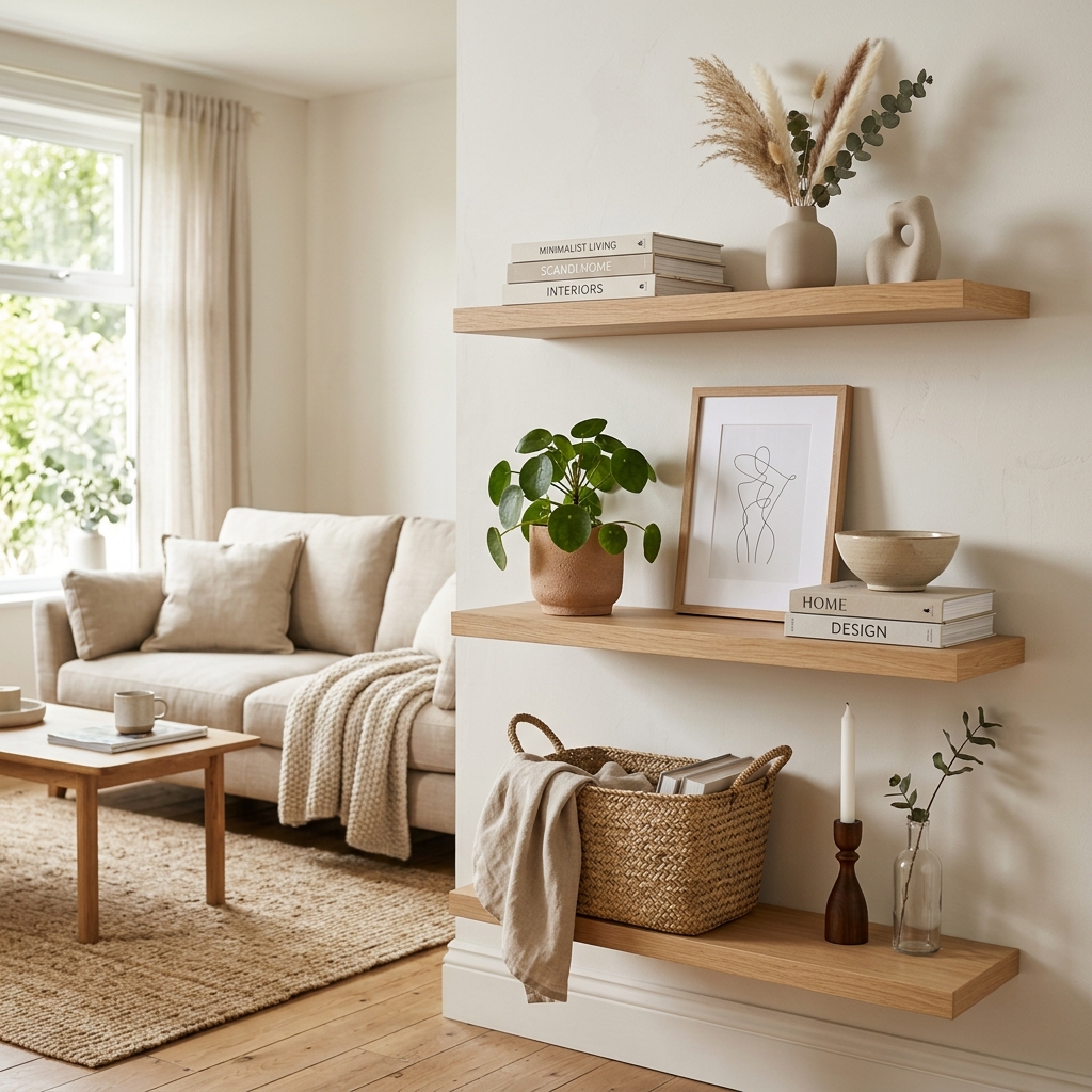 14 Neutral Living Room Ideas That Feel Expensive (But Totally Livable) 9 Minimalist Shelving with Styled Decor
