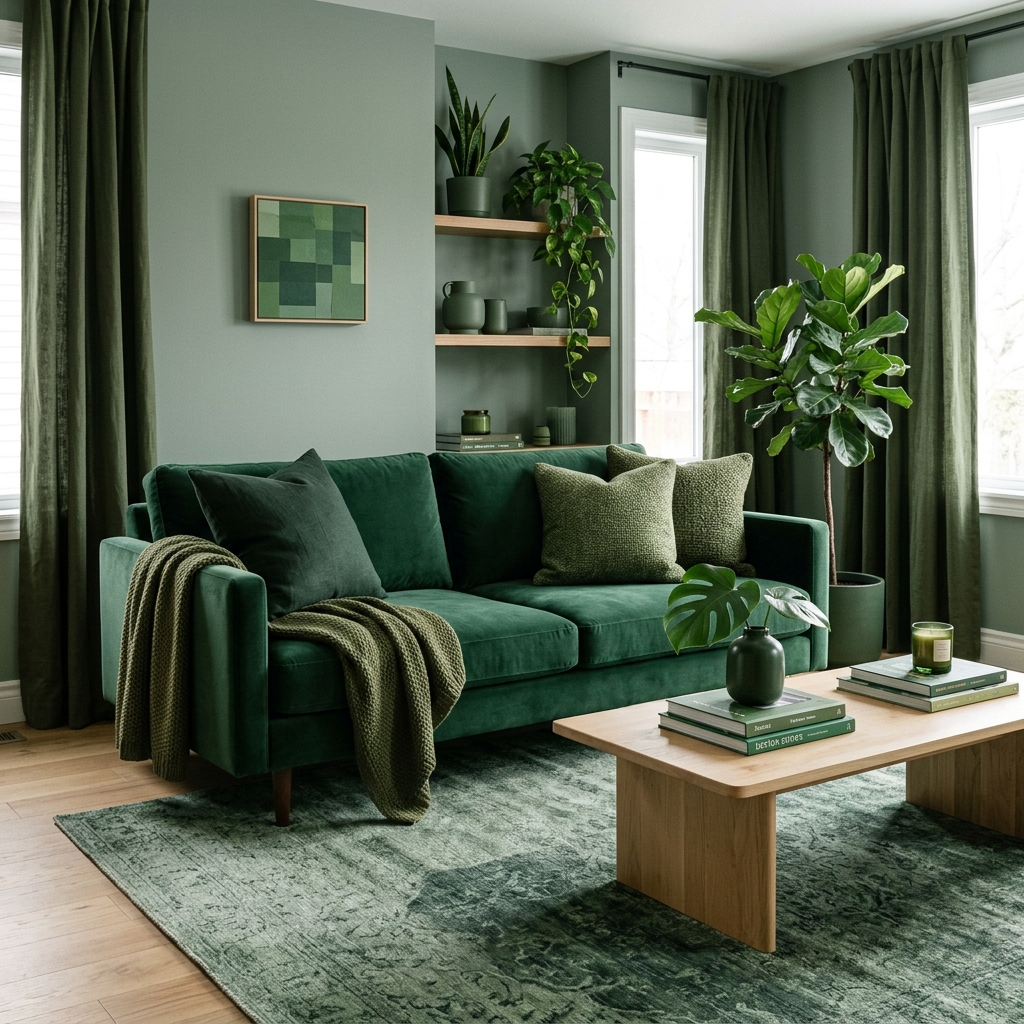 14 Green Couch Living Room Ideas That’ll Instantly Make Your Space Look Designer-Level Chic 14 Monochrome Green Layers for a Designer Look