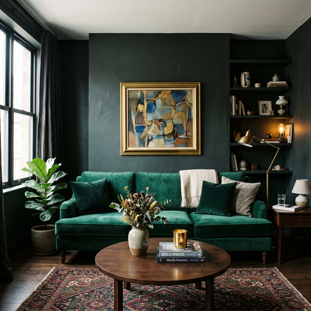 14 Green Couch Living Room Ideas That’ll Instantly Make Your Space Look Designer-Level Chic 6 Moody Dark Walls for a Bold Statement