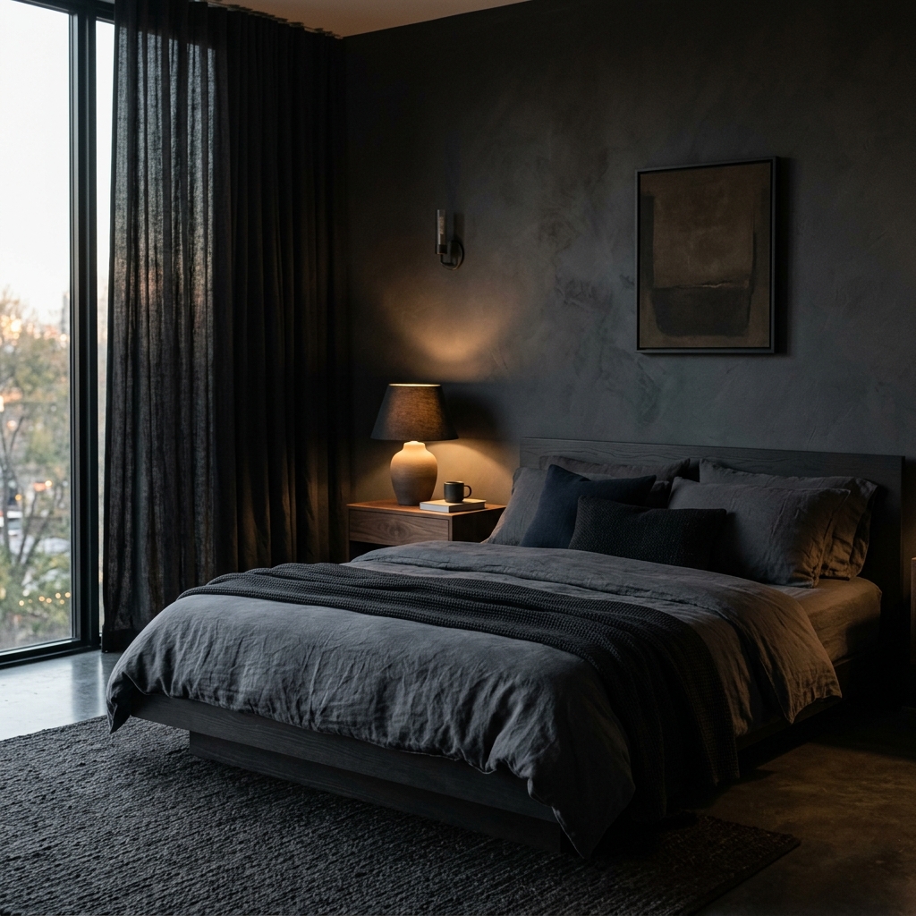 14 Dark Bedroom Ideas That Feel Moody, Luxe, and Seriously Addictive 8 Moody Minimalist Setup 1
