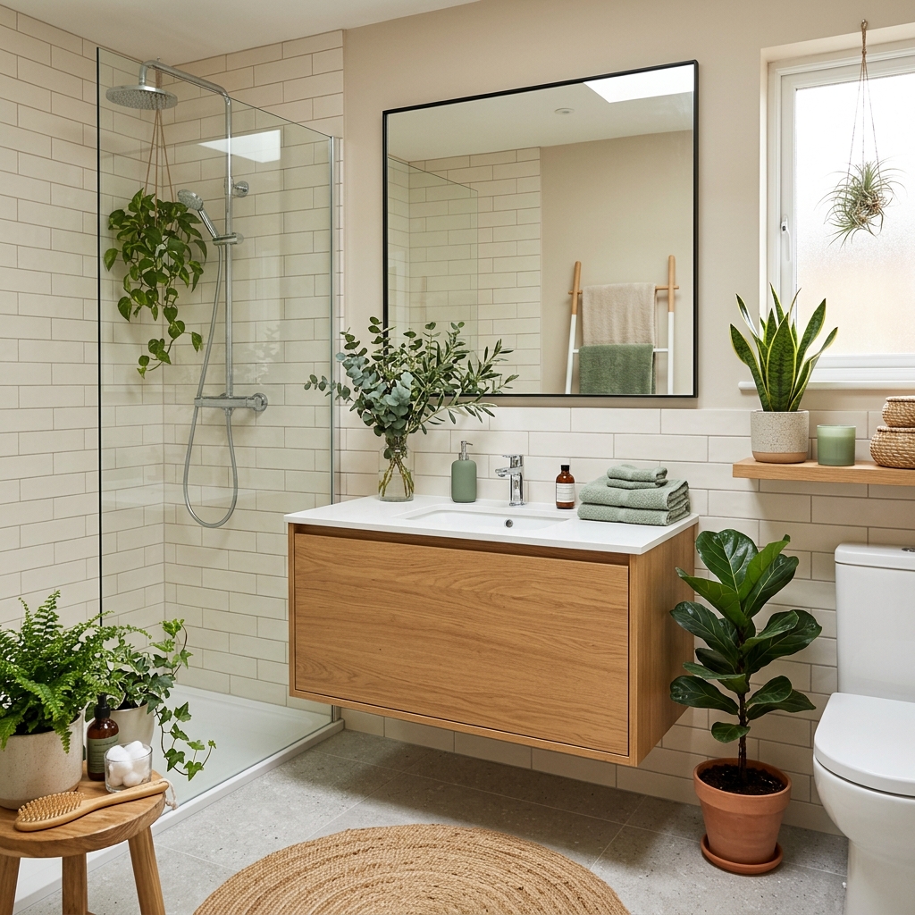15 Neutral Bathroom Ideas That Feel Like a Spa (But Totally Livable) 13 Neutral Bathroom with Green Accents