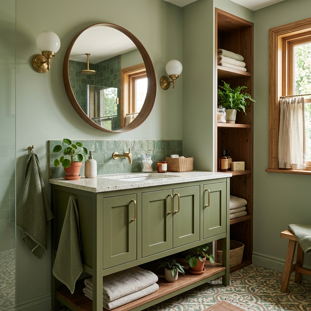 14 Green Bathroom Ideas That Will Instantly Upgrade Your Space (And Yes, You’ll Want Them All) 9 Olive Green Cabinets Wood Accents