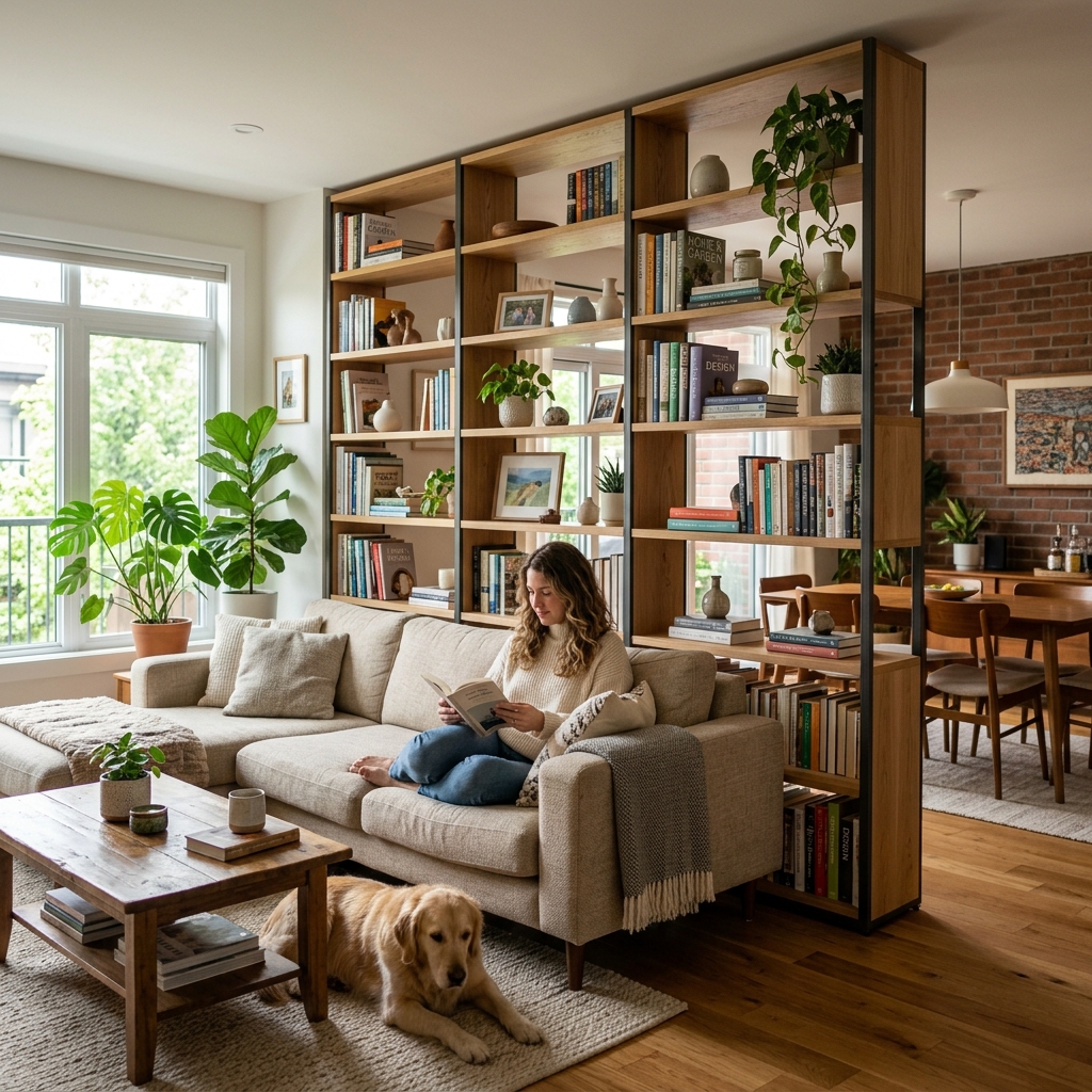 15 Living Room Divider Ideas That Will Instantly Upgrade Your Space (And Yes, You’ll Want Them All) 2 Open Bookshelf Divider
