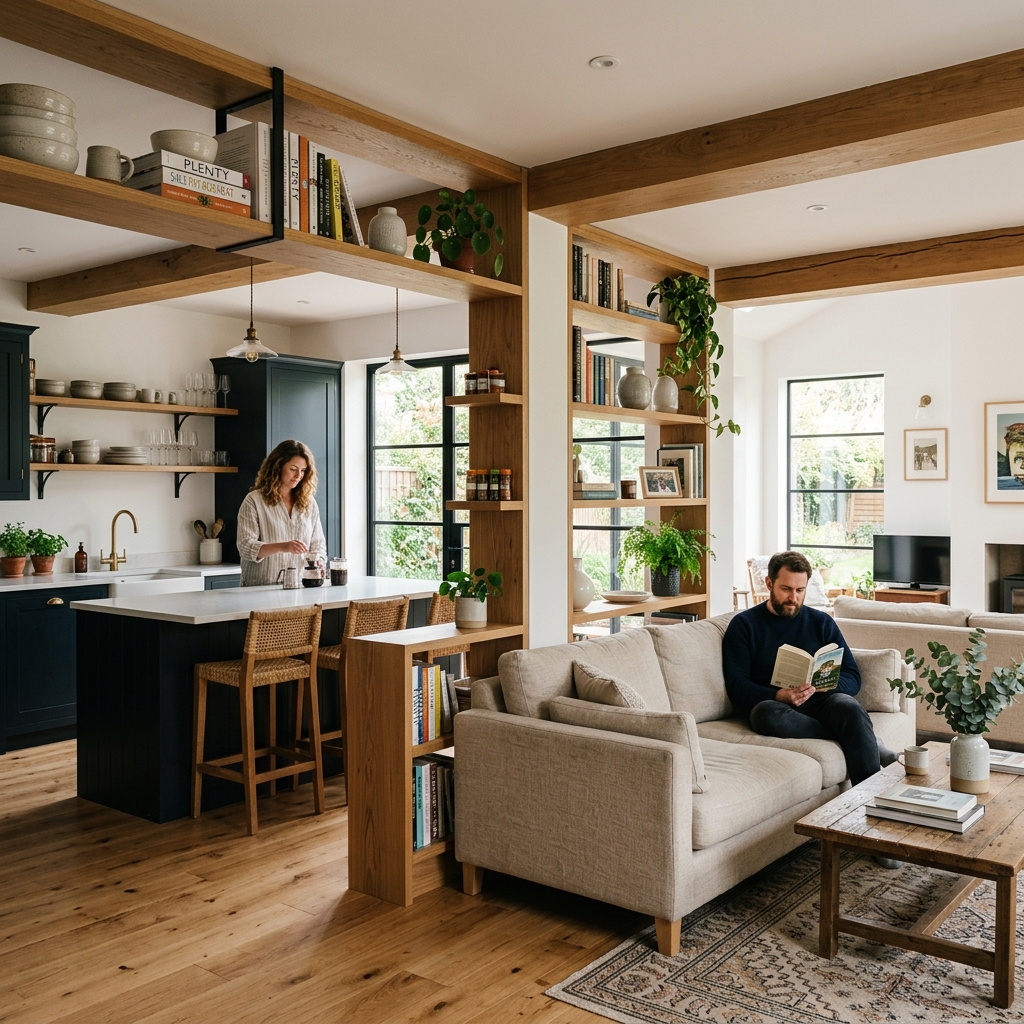 14 Open Plan Kitchen Living Room Ideas That Will Make Your Home Look Straight Out of Pinterest 7 Open Shelving That Connects Spaces 1