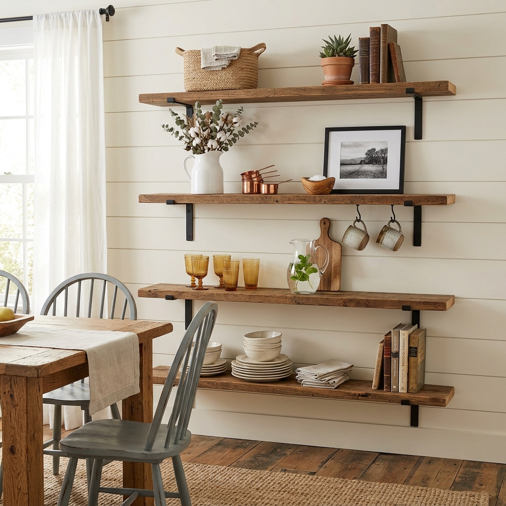 14 Farmhouse Dining Room Ideas That Feel Straight Out of a Pinterest Dream (But Way More Livable) 8 Open Shelving with Styled Essentials