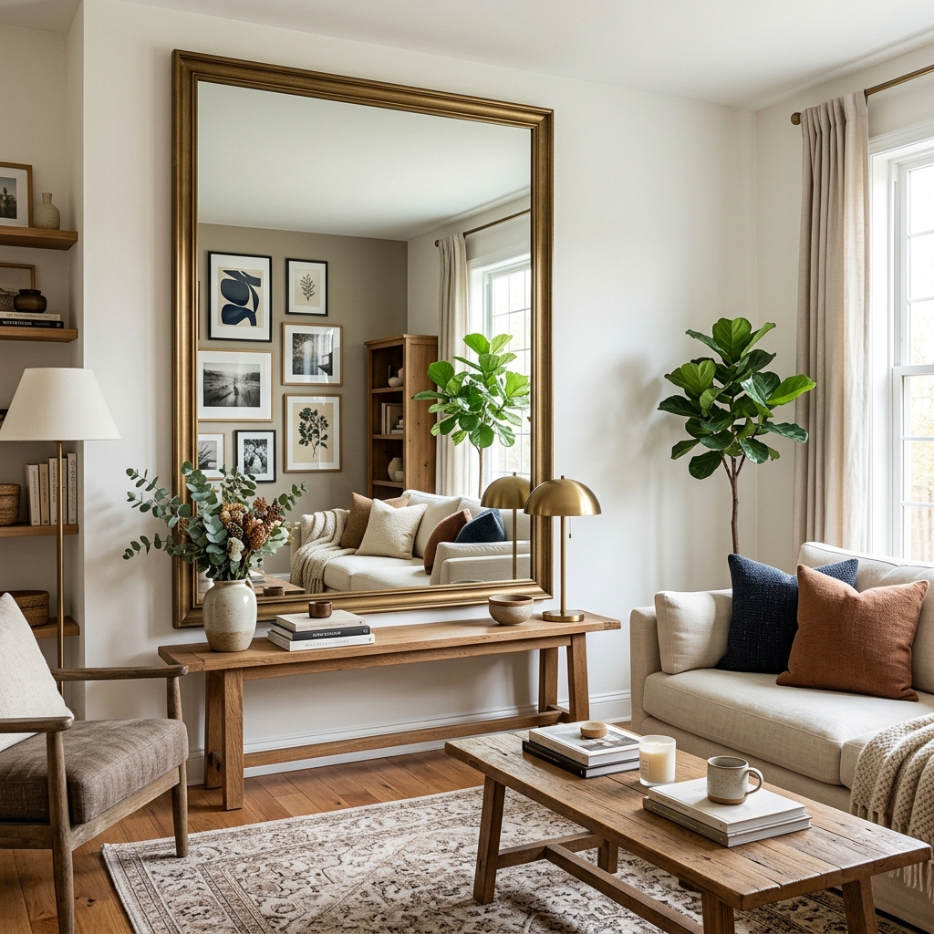 15 Living Room Decor Ideas That Will Instantly Make Your Space Look Designer-Level (Without Trying Too Hard) 5 Oversized Mirror Magic