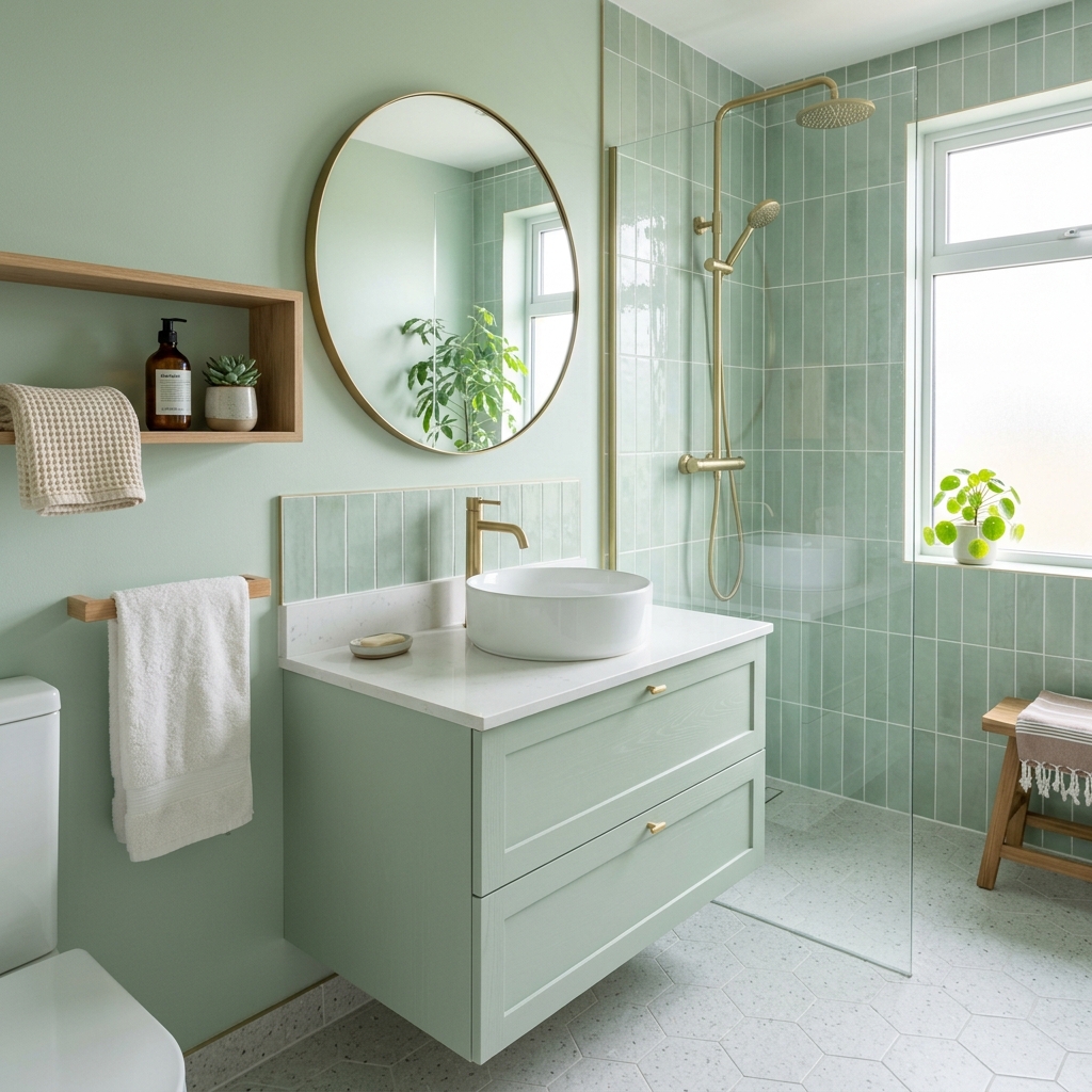 14 Green Bathroom Ideas That Will Instantly Upgrade Your Space (And Yes, You’ll Want Them All) 14 Pastel Green Minimalist Look