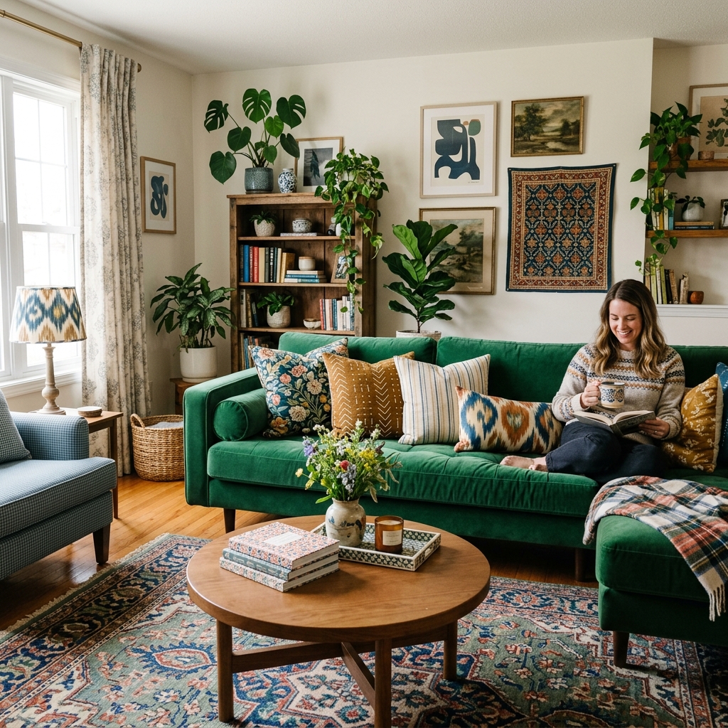 14 Green Couch Living Room Ideas That’ll Instantly Make Your Space Look Designer-Level Chic 13 Pattern Play