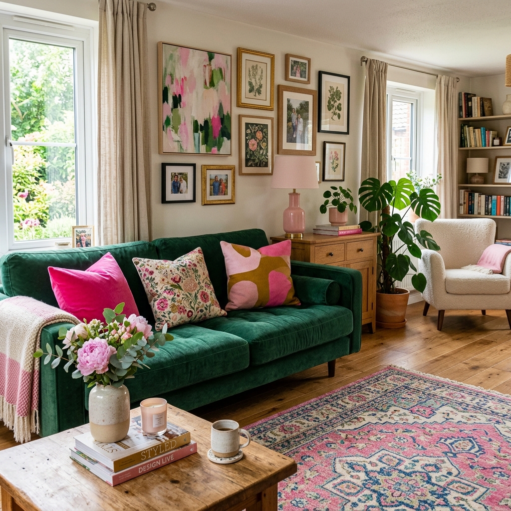 14 Green Couch Living Room Ideas That’ll Instantly Make Your Space Look Designer-Level Chic 8 Pop of Pink for a Fun Unexpected Twist
