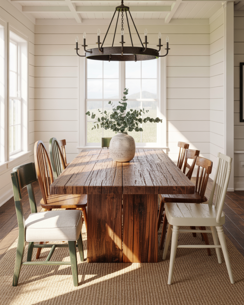 14 Modern Farmhouse Dining Room Ideas That Feel Straight Out of a Pinterest Dream (But Totally Livable) 2 Reclaimed Wood Table Mismatched Chairs