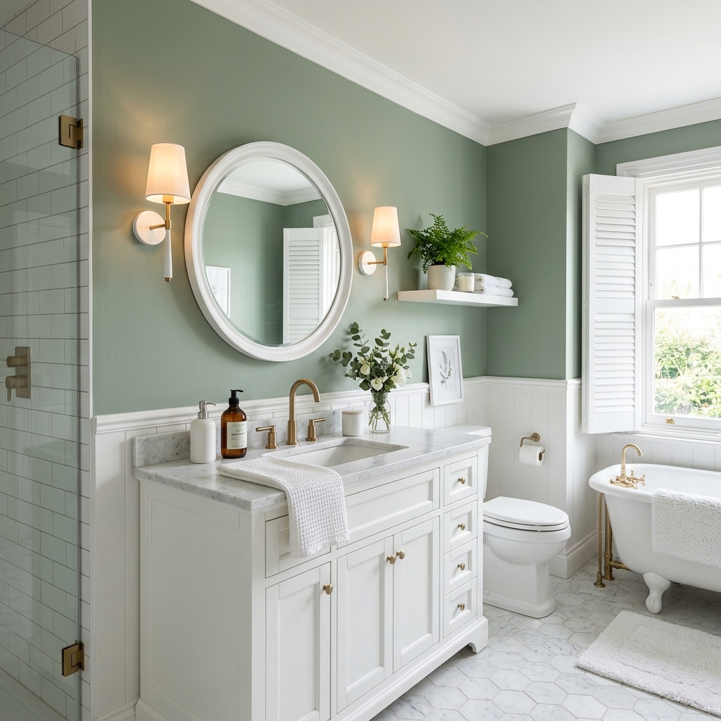 14 Green Bathroom Ideas That Will Instantly Upgrade Your Space (And Yes, You’ll Want Them All) 2 Sage Green Walls White Accents