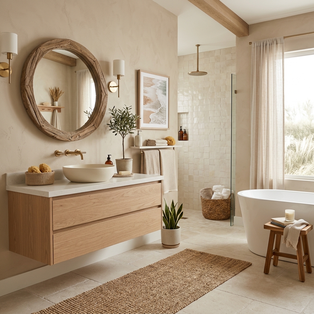 15 Neutral Bathroom Ideas That Feel Like a Spa (But Totally Livable) 10 Sandy Beige Coastal Vibes