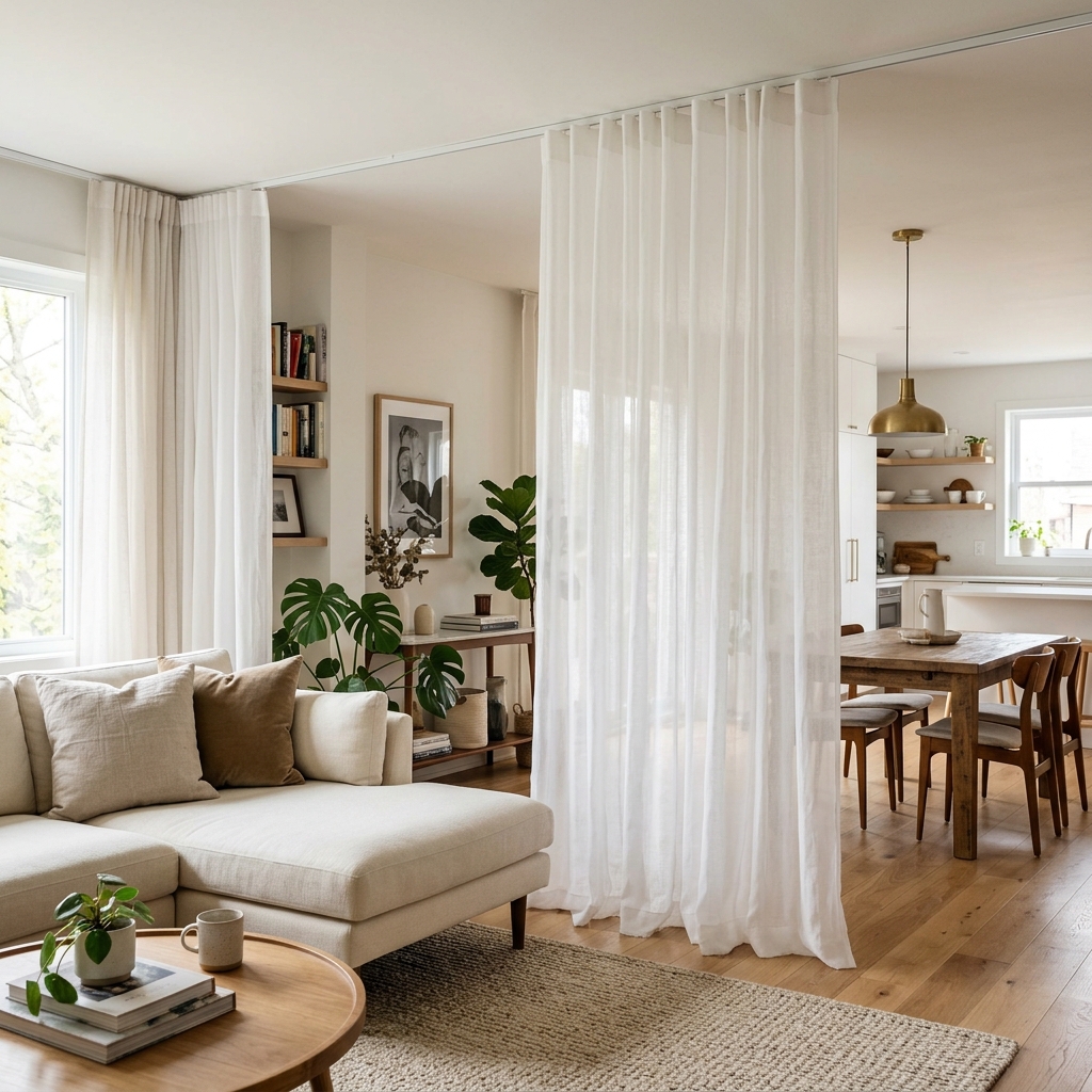 15 Living Room Divider Ideas That Will Instantly Upgrade Your Space (And Yes, You’ll Want Them All) 3 Sheer Curtain Panels