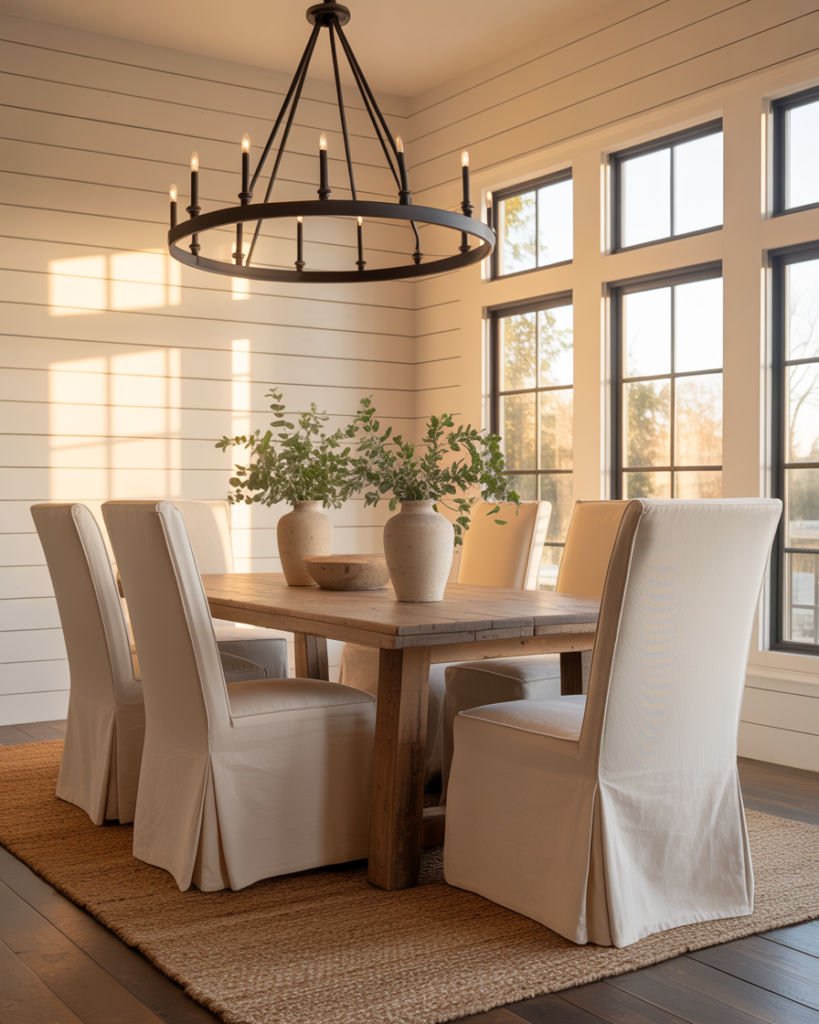 14 Modern Farmhouse Dining Room Ideas That Feel Straight Out of a Pinterest Dream (But Totally Livable) 3 Shiplap Walls Statement Lighting