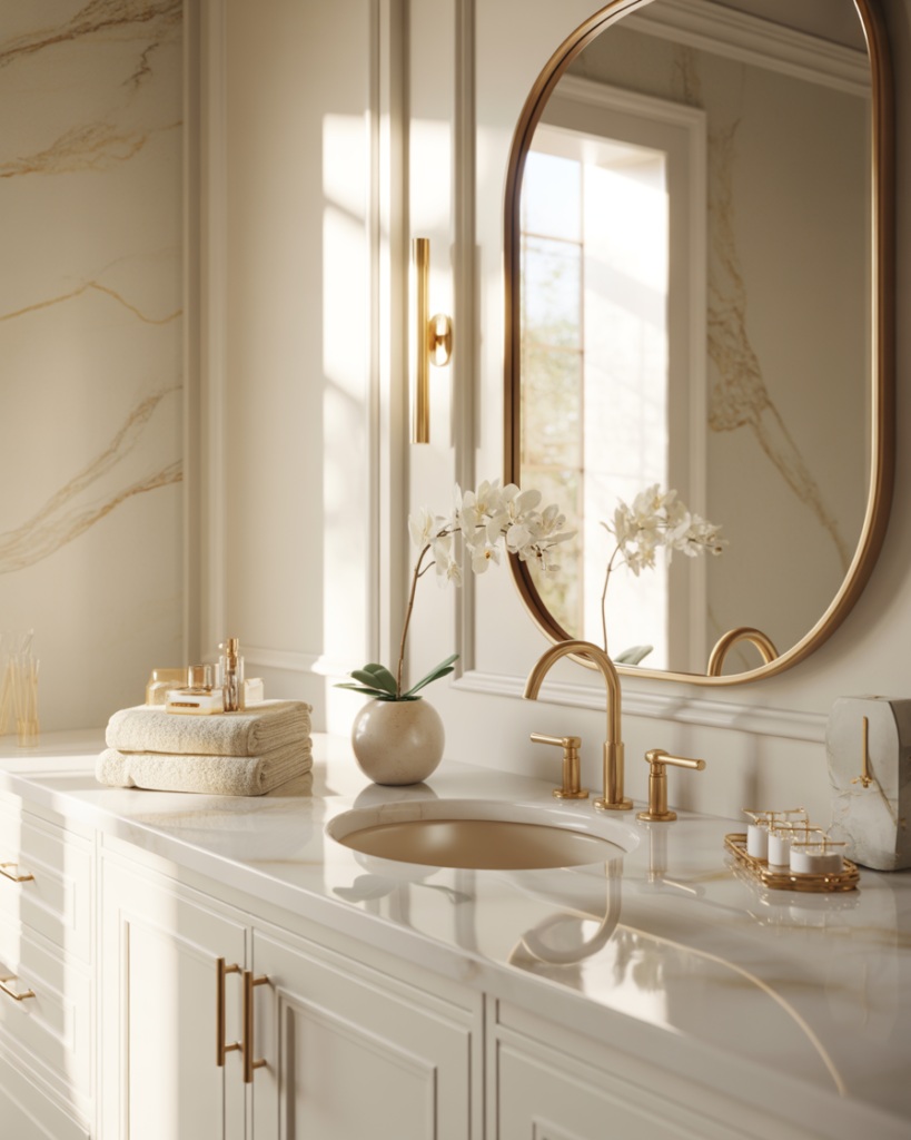 15 White Bathroom Ideas That Will Make Your Space Feel Like a Luxe Spa (Without Trying Too Hard) 6 Soft White Gold Accents