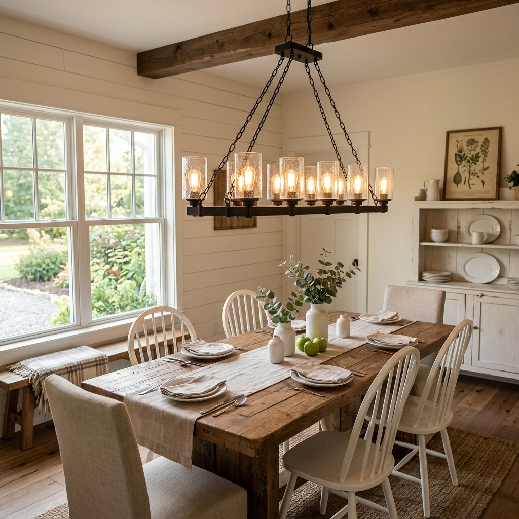 14 Farmhouse Dining Room Ideas That Feel Straight Out of a Pinterest Dream (But Way More Livable) 6 Statement Chandelier Moment