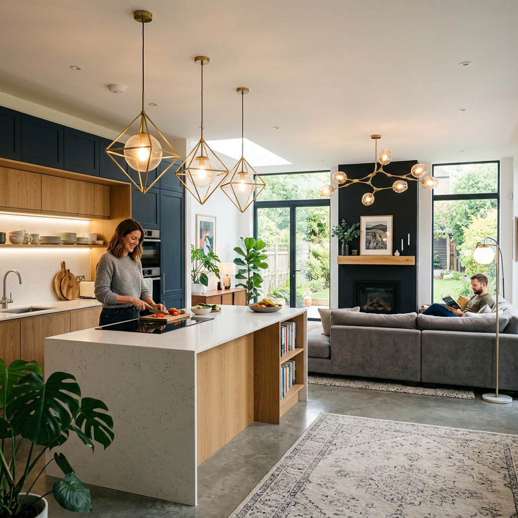 14 Open Plan Kitchen Living Room Ideas That Will Make Your Home Look Straight Out of Pinterest 5 Statement Lighting That Does the Most
