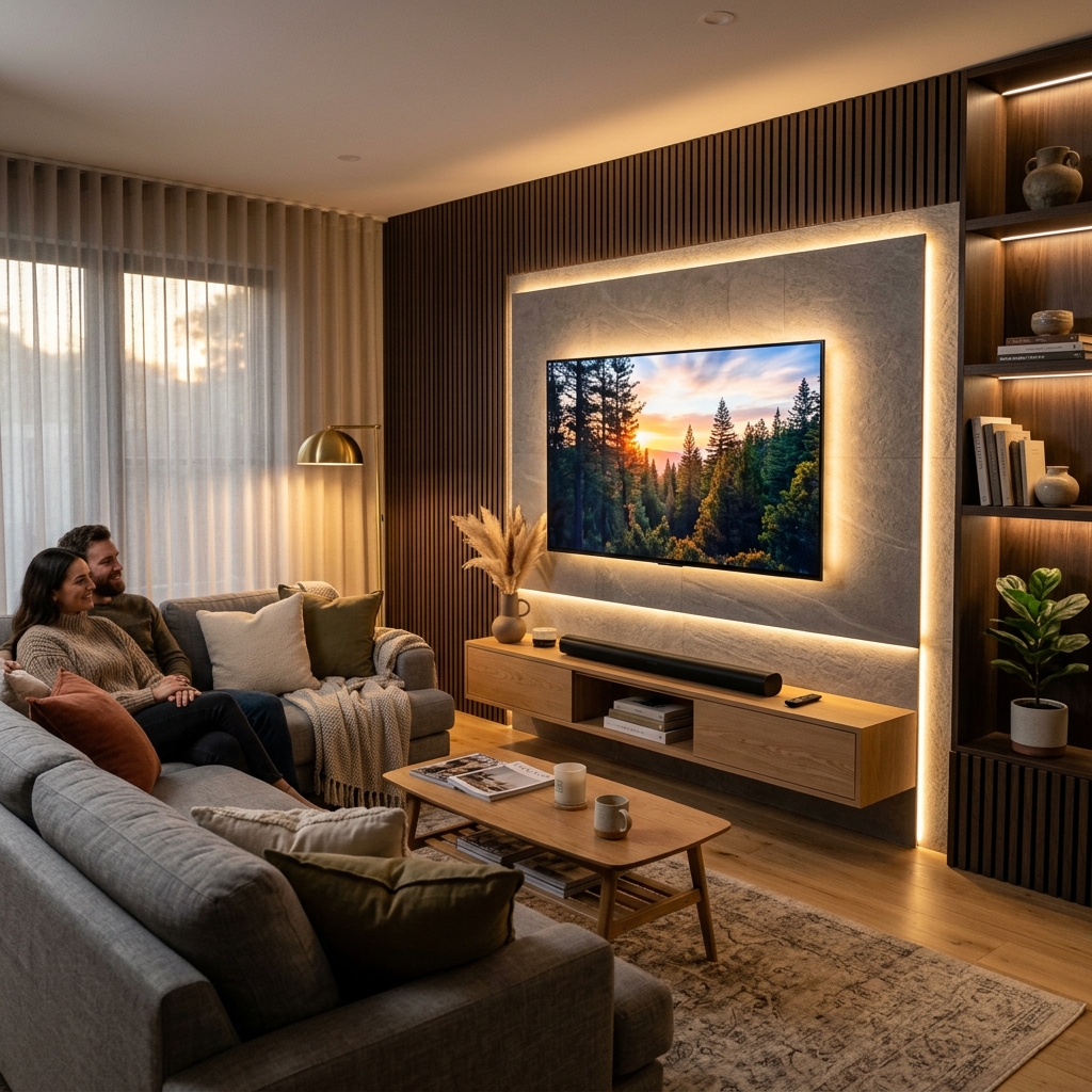 15 Living Room TV Wall Ideas That Will Instantly Upgrade Your Space (Like… Why Didn’t You Do This Sooner?) 8 TV Wall with LED Backlighting