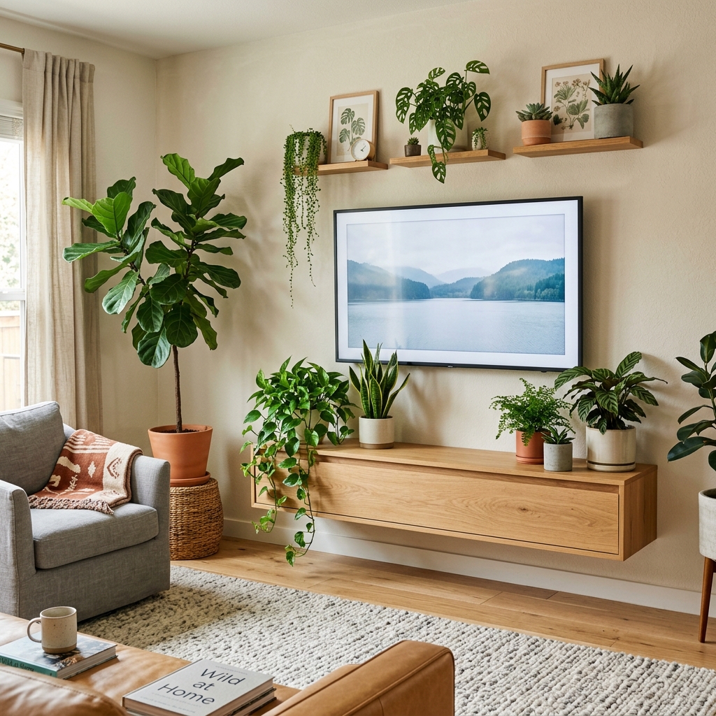 15 Living Room TV Wall Ideas That Will Instantly Upgrade Your Space (Like… Why Didn’t You Do This Sooner?) 15 TV Wall with Plants