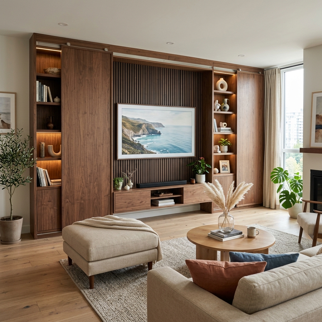15 Living Room TV Wall Ideas That Will Instantly Upgrade Your Space (Like… Why Didn’t You Do This Sooner?) 13 TV Wall with Sliding Panels