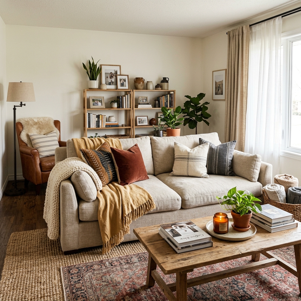 15 Living Room Decor Ideas That Will Instantly Make Your Space Look Designer-Level (Without Trying Too Hard) 2 The Layered Cozy Look