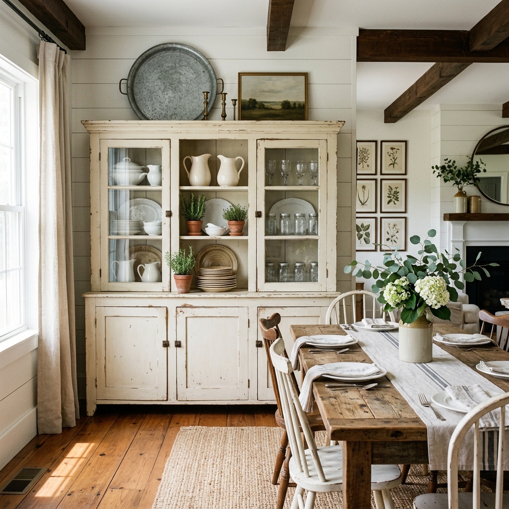 14 Farmhouse Dining Room Ideas That Feel Straight Out of a Pinterest Dream (But Way More Livable) 7 Vintage Hutch or Cabinet Display