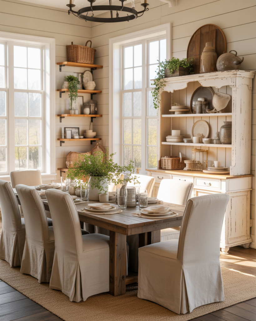 14 Modern Farmhouse Dining Room Ideas That Feel Straight Out of a Pinterest Dream (But Totally Livable) 7 Vintage Hutch or Open Shelving