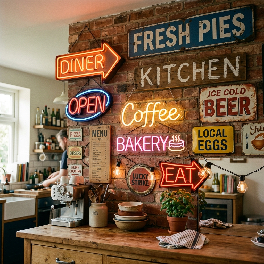 15 Kitchen Wall Decor Ideas That Instantly Make Your Space Look Pinterest-Perfect (Without Trying Too Hard) 10 Vintage Signboards or Neon Signs
