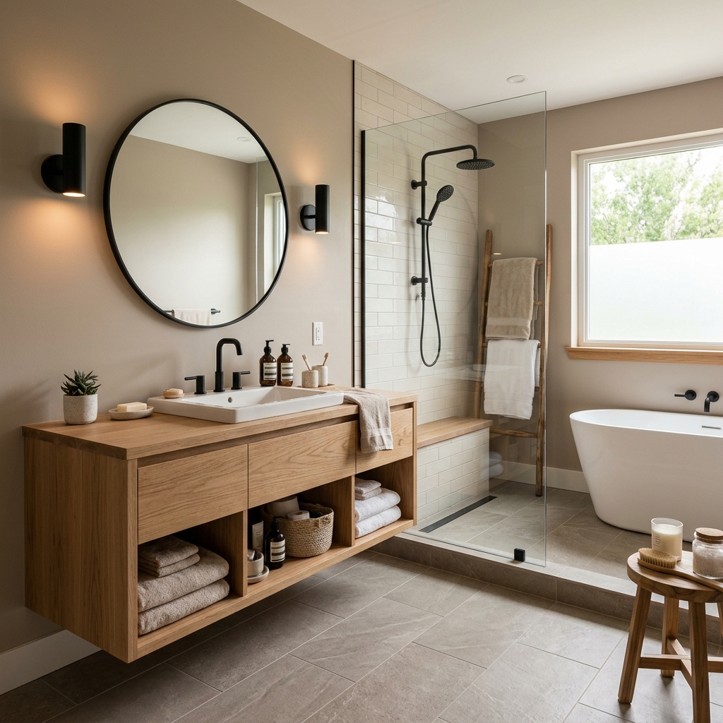 15 Neutral Bathroom Ideas That Feel Like a Spa (But Totally Livable) 4 Warm Taupe Wood Accents