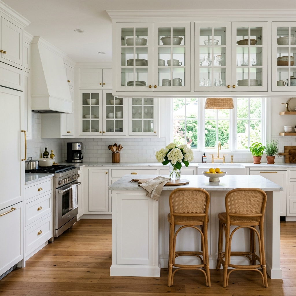 15 White Kitchen Ideas That Feel Straight Out of a Pinterest Dream (But Actually Work IRL) 13 White Kitchen with Glass Cabinets
