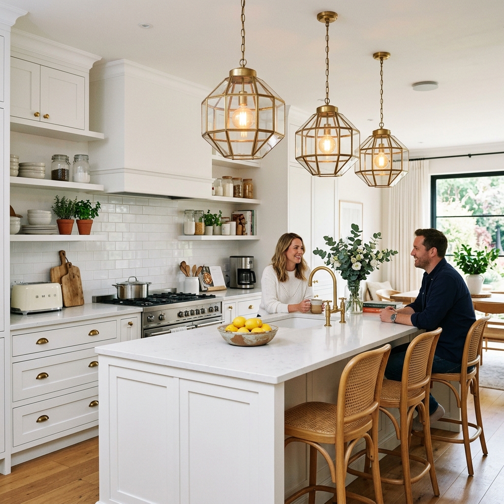 15 White Kitchen Ideas That Feel Straight Out of a Pinterest Dream (But Actually Work IRL) 8 White Kitchen with Statement Lighting