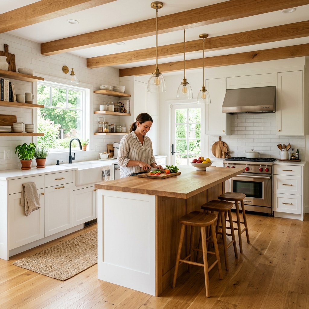 15 White Kitchen Ideas That Feel Straight Out of a Pinterest Dream (But Actually Work IRL) 4 White Kitchen with Wooden Accents